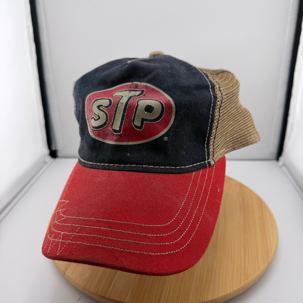 STP Oil Racing Distressed Trucker Hat Red Navy Mesh Gas Station Garage Grunge